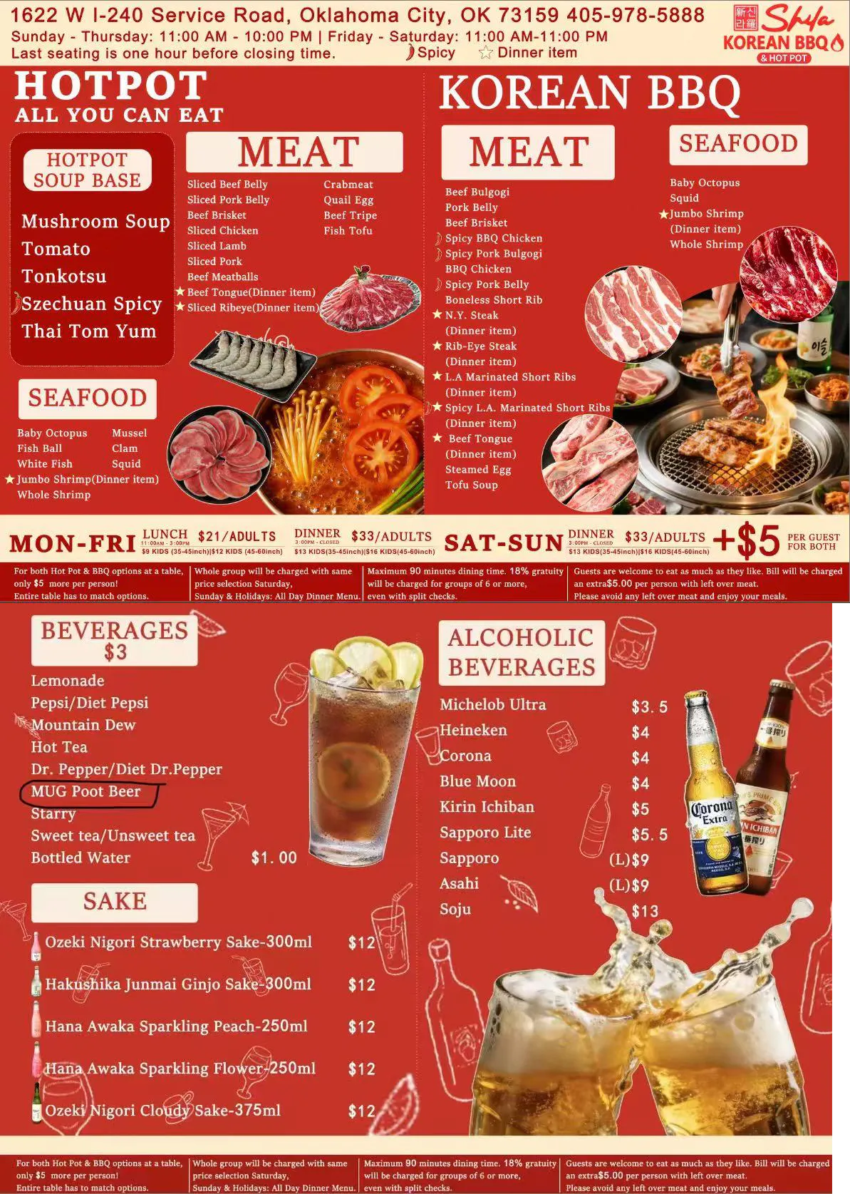 Restaurant menu, detailed description provided below